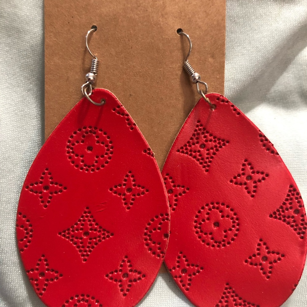 Red Teardrop Dangle Earrings with Perforated Motif - Women Jewelry